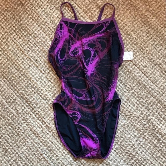 SPORTI one piece swim suit black with purple swirls. Size 34. - Picture 3 of 7